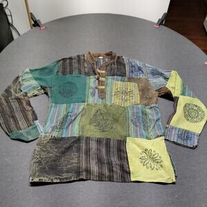 Vintage Nepal Patchwork Boho Shirt Hippie Pullover Mens L